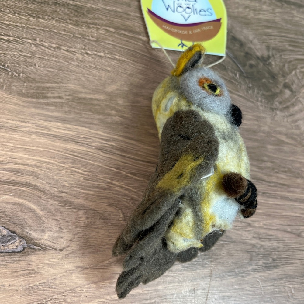 Wild Woolies Great Horned Owl Ornament Brown Yellow Felted Wool Fair Trade NEW - Picture 3 of 9
